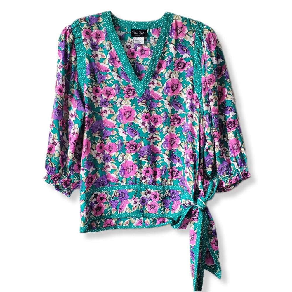 Women 80s Diane Freis Silk Pink Teal Blue Floral Blouse M L Colorful Retro Artsy
